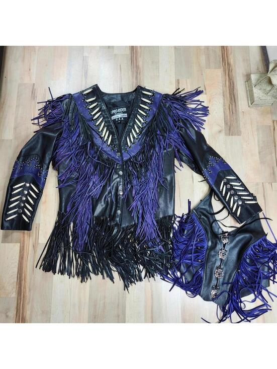 Jackets & Blazers - Halter Top With Matching Pro-Rider Leather Fringe Jacket Bone Detail Studded M